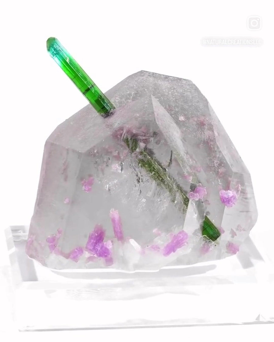 Elbaite Tourmaline piercing a Quartz crystal with Lepidolite, nicknamed The Sword in the Stone